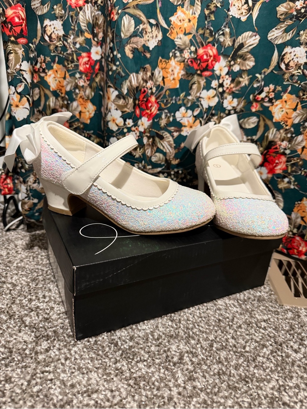 Girls' Shimmer Ivory Mary Jane Dress Shoes with Bow Accent